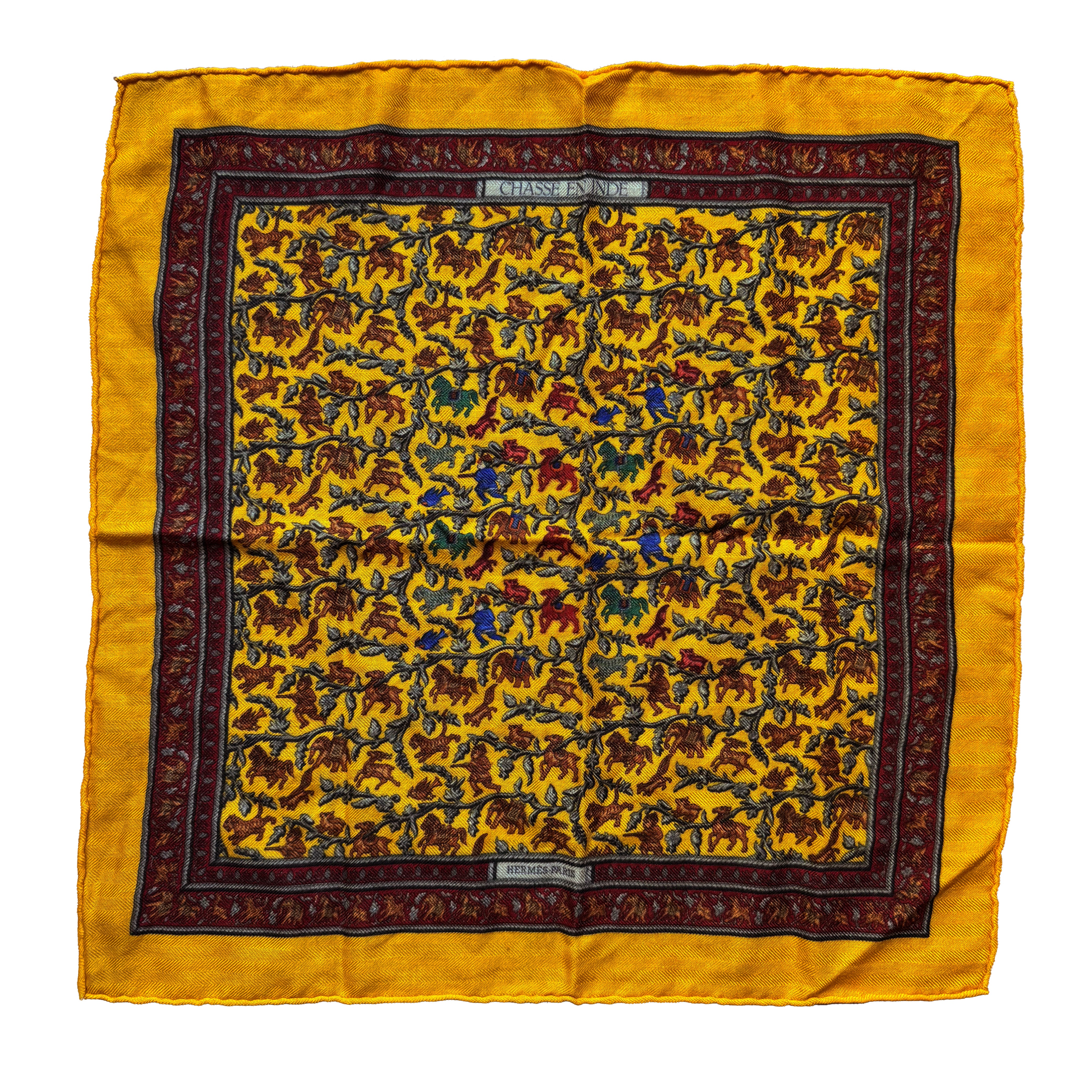 Carré gavroche Hermès "Chasse en Inde" orange cachemire et soie