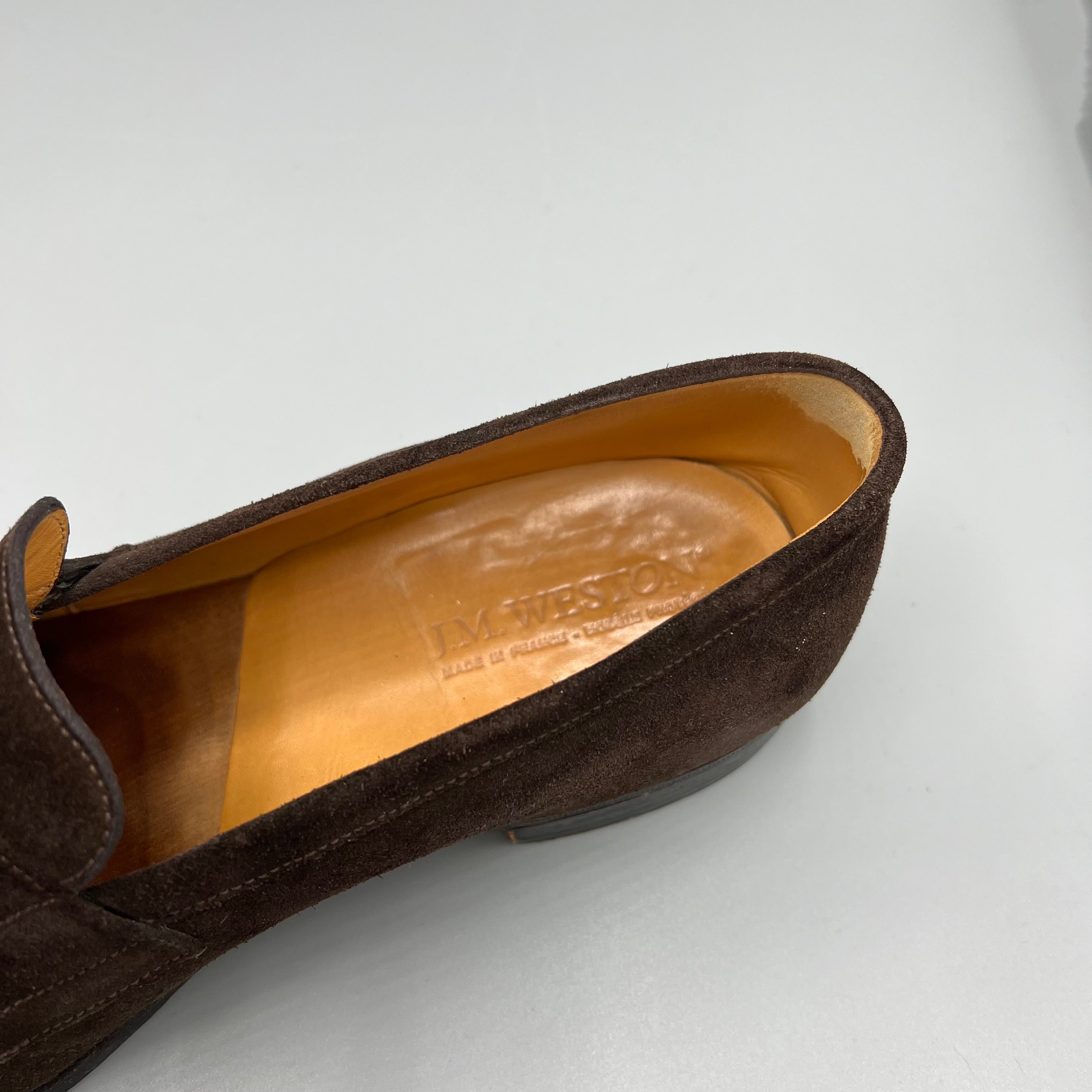 JM Weston brown suede loafers