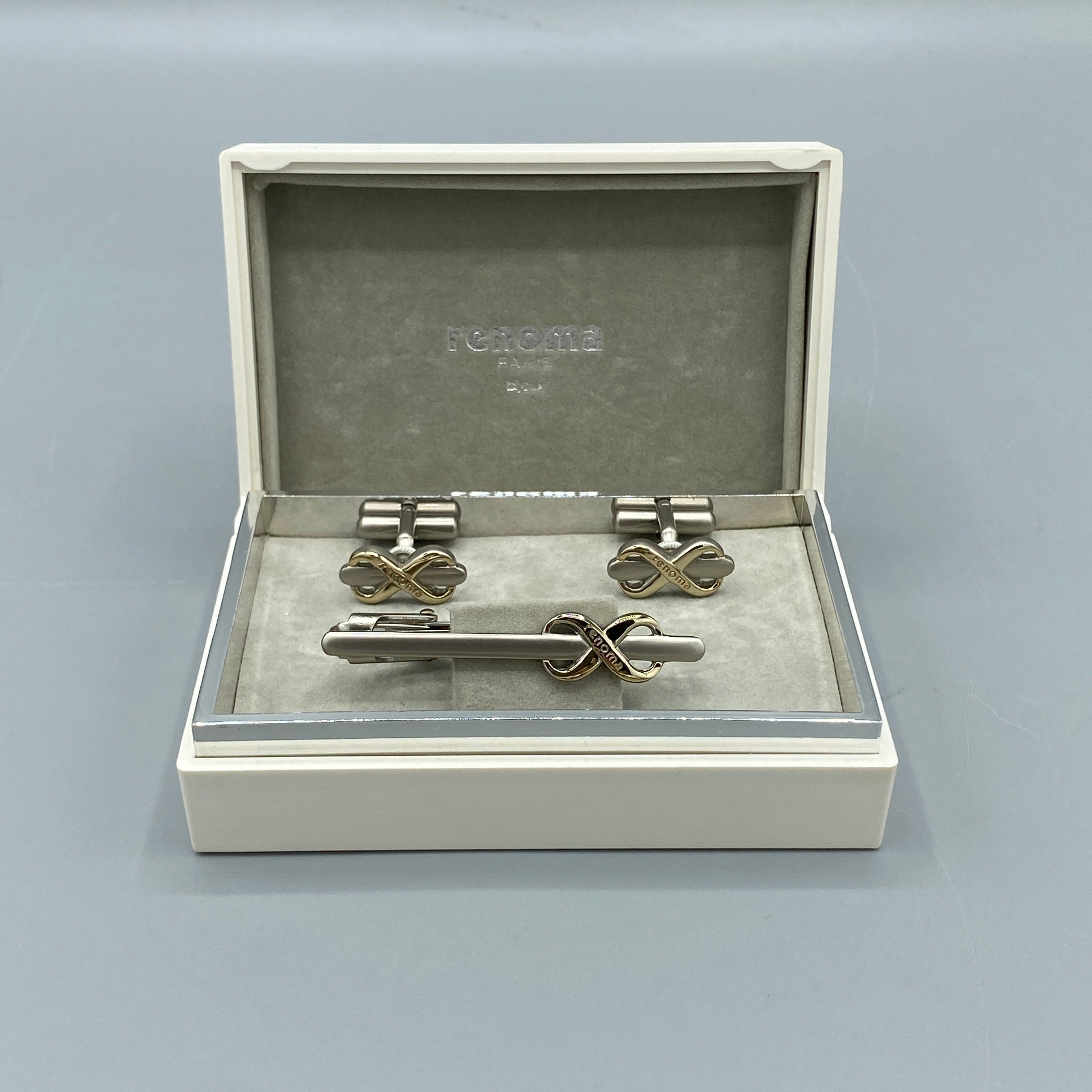 Boutons de manchette et pince à cravate argentés Renoma