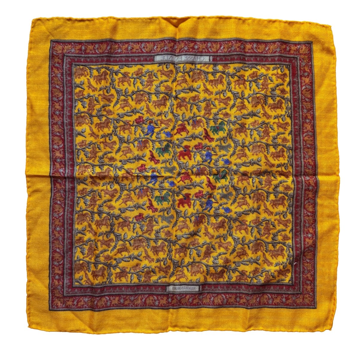 Carré gavroche Hermès "Chasse en Inde" orange cachemire et soie - Le Beau Gustave