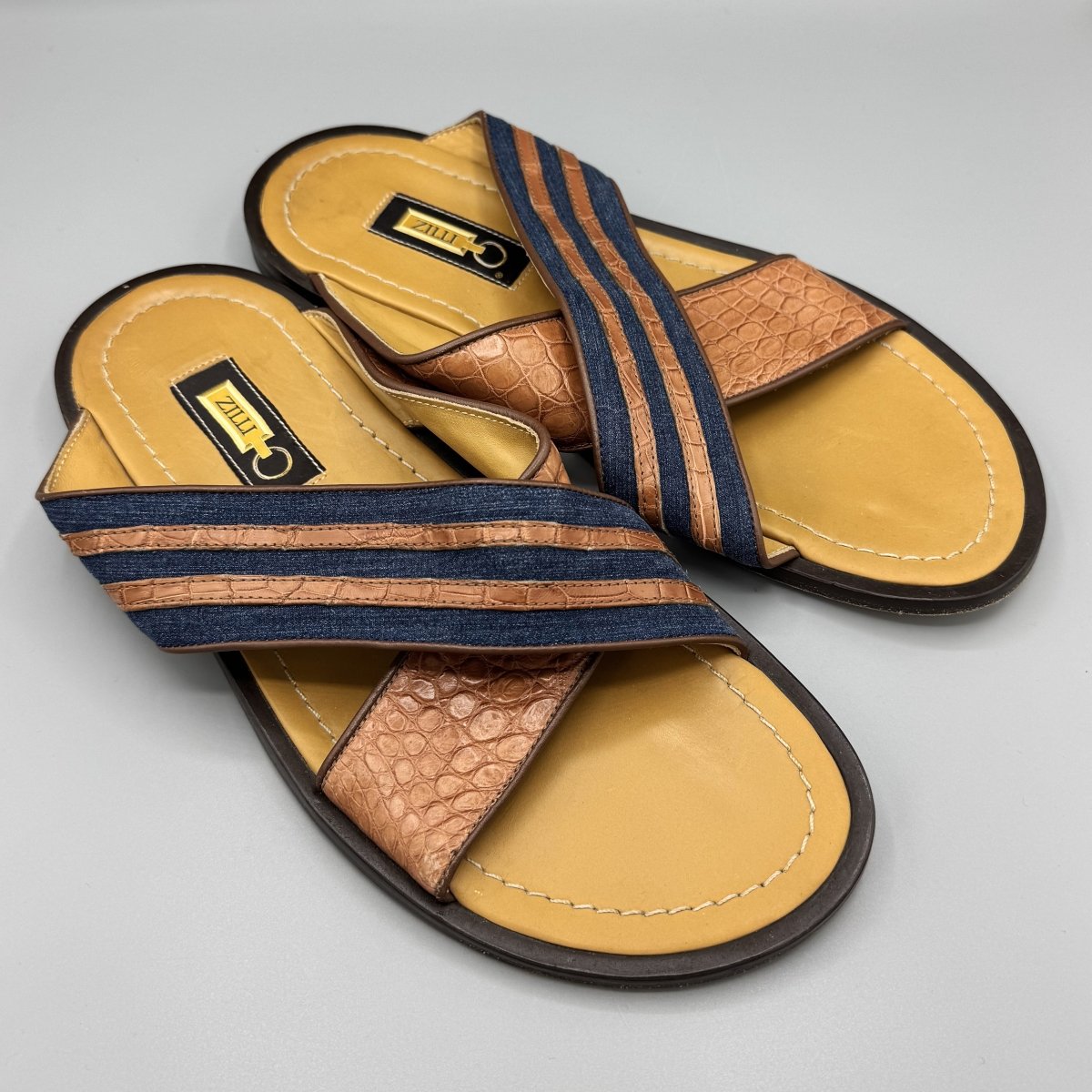 Mules Zilli à double lanières croisées marron et denim - Le Beau Gustave