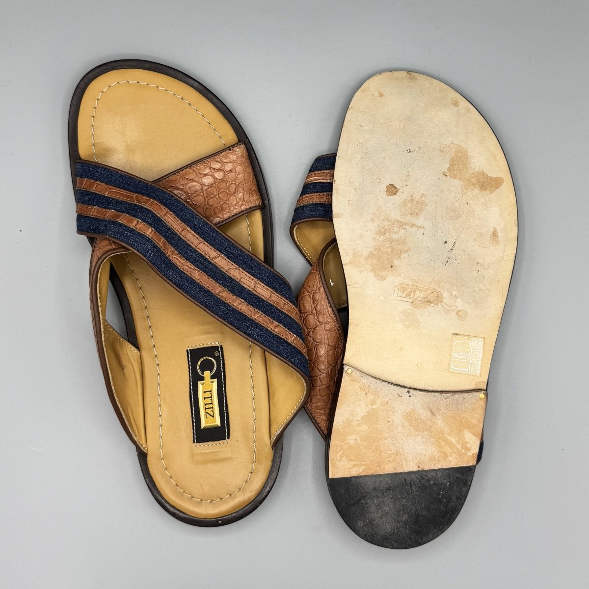 Mules Zilli à double lanières croisées marron et denim - Le Beau Gustave