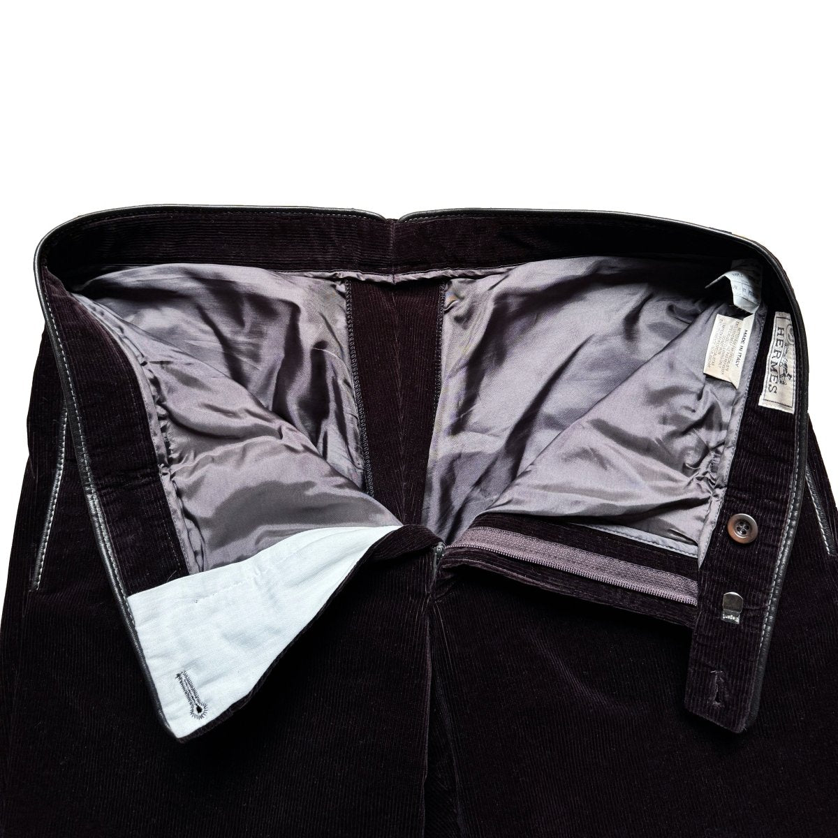 Pantalon Hermès en velours côtelé aubergine et finitions cuir - Le Beau Gustave