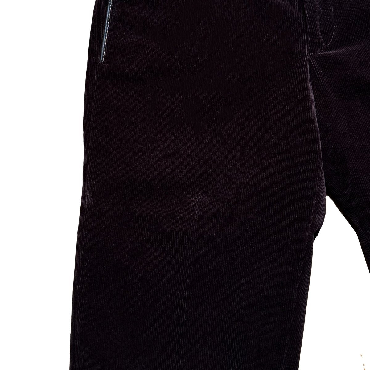 Pantalon Hermès en velours côtelé aubergine et finitions cuir - Le Beau Gustave