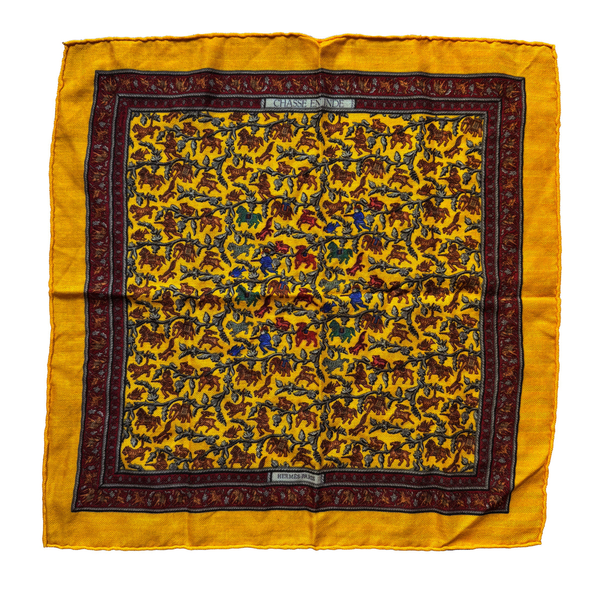 Carré gavroche Hermès "Chasse en Inde" orange cachemire et soie