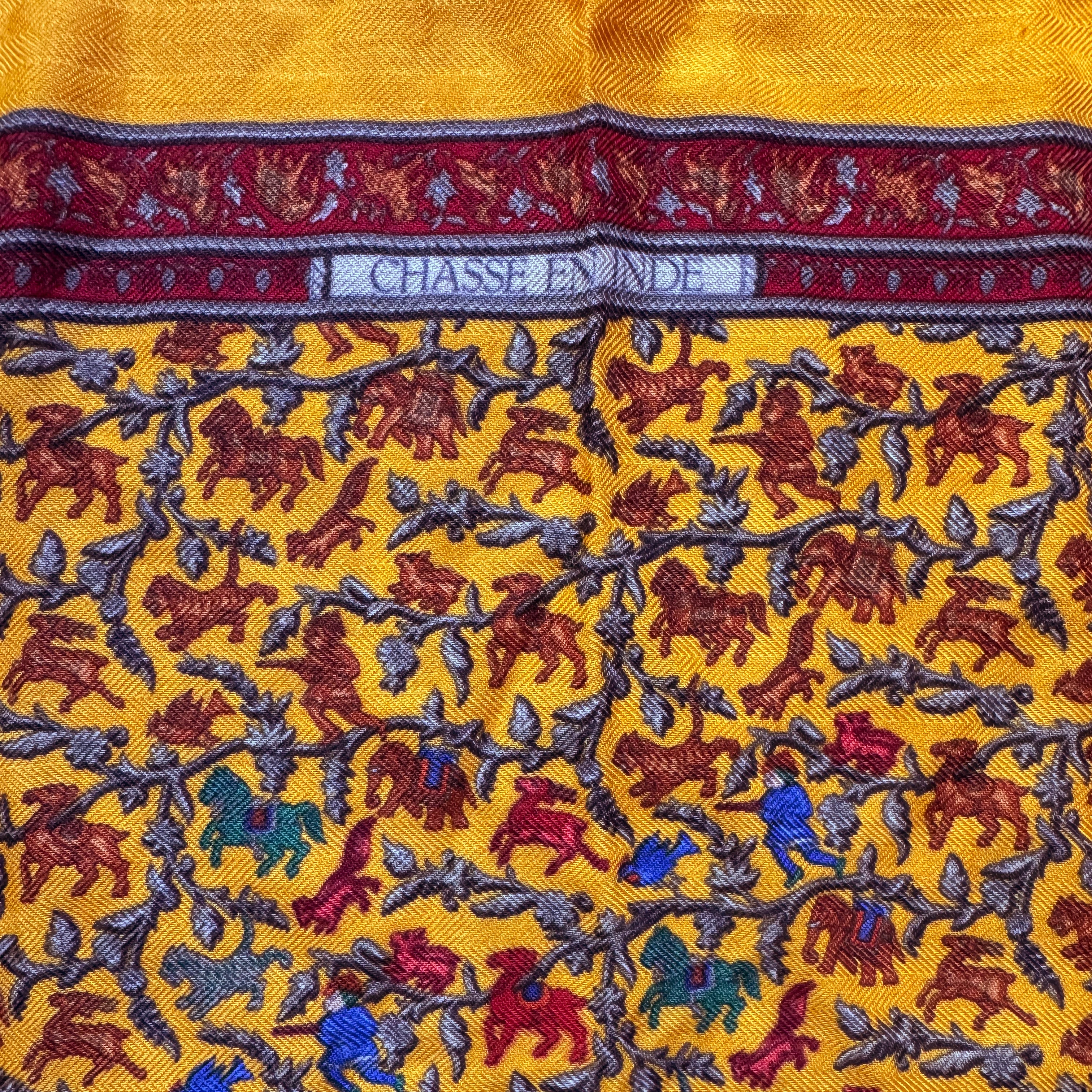 Carré gavroche Hermès "Chasse en Inde" orange cachemire et soie