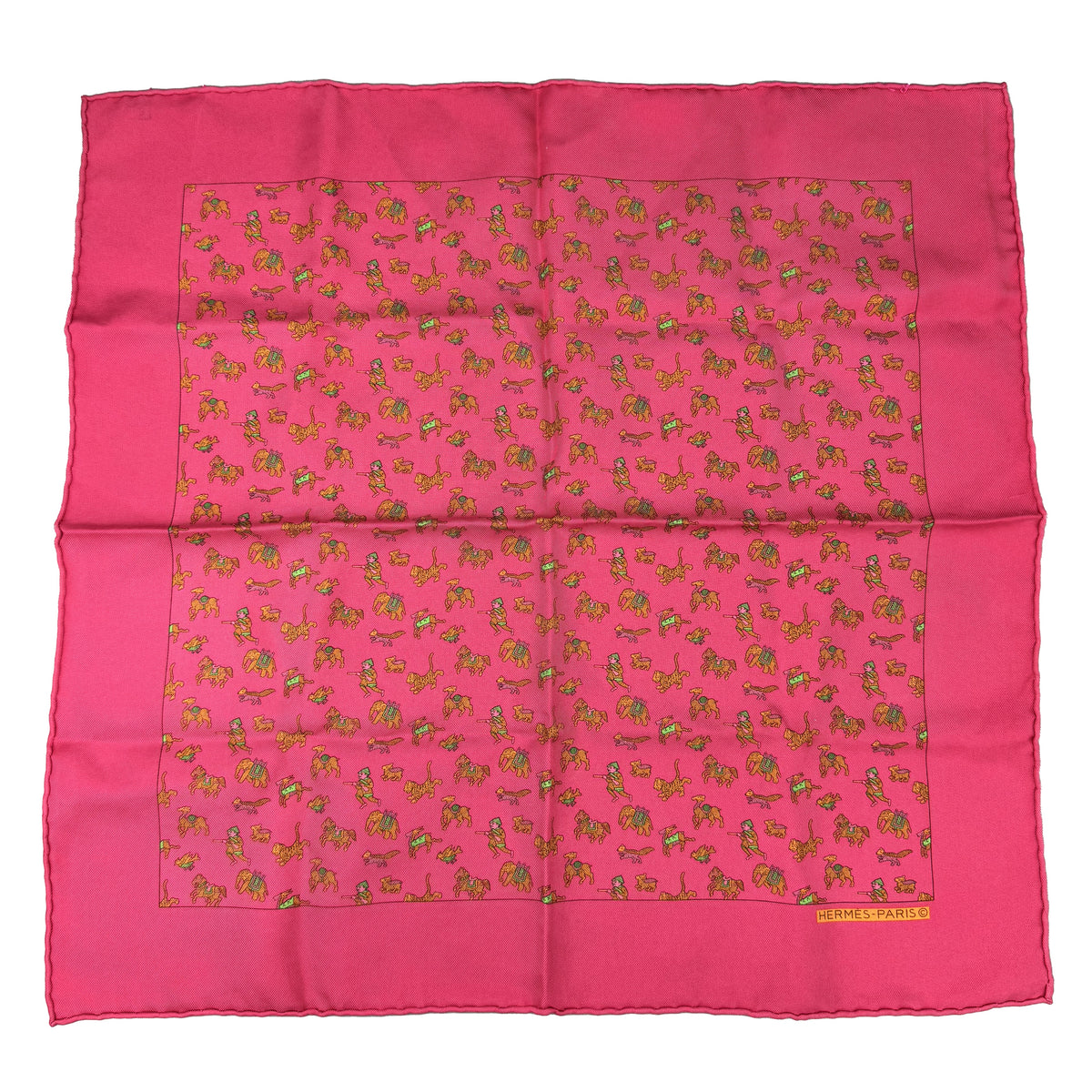 Pochette en soie Hermès rose indien à motif animalier
