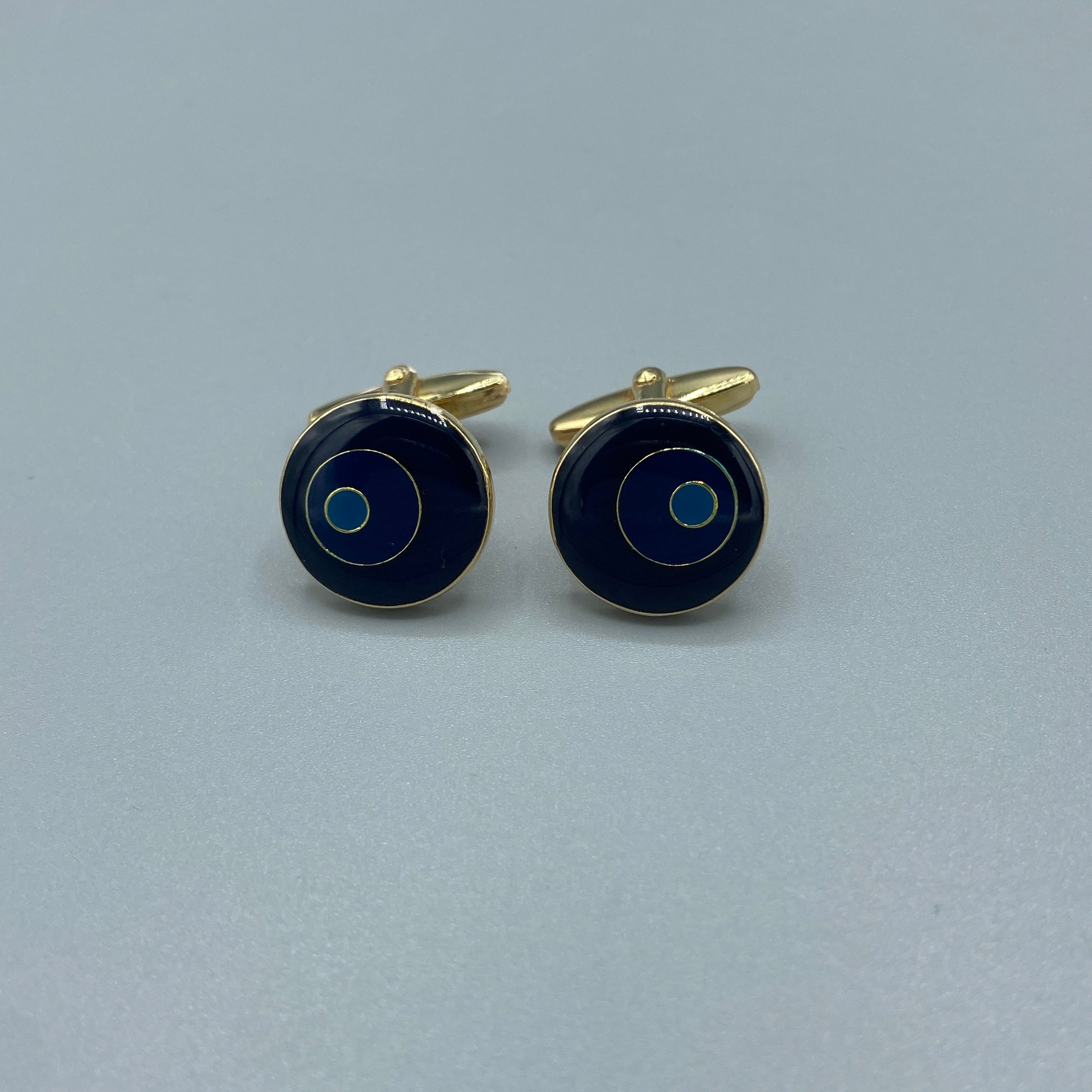 Boutons de manchette dorés ronds émaillés bleus et or