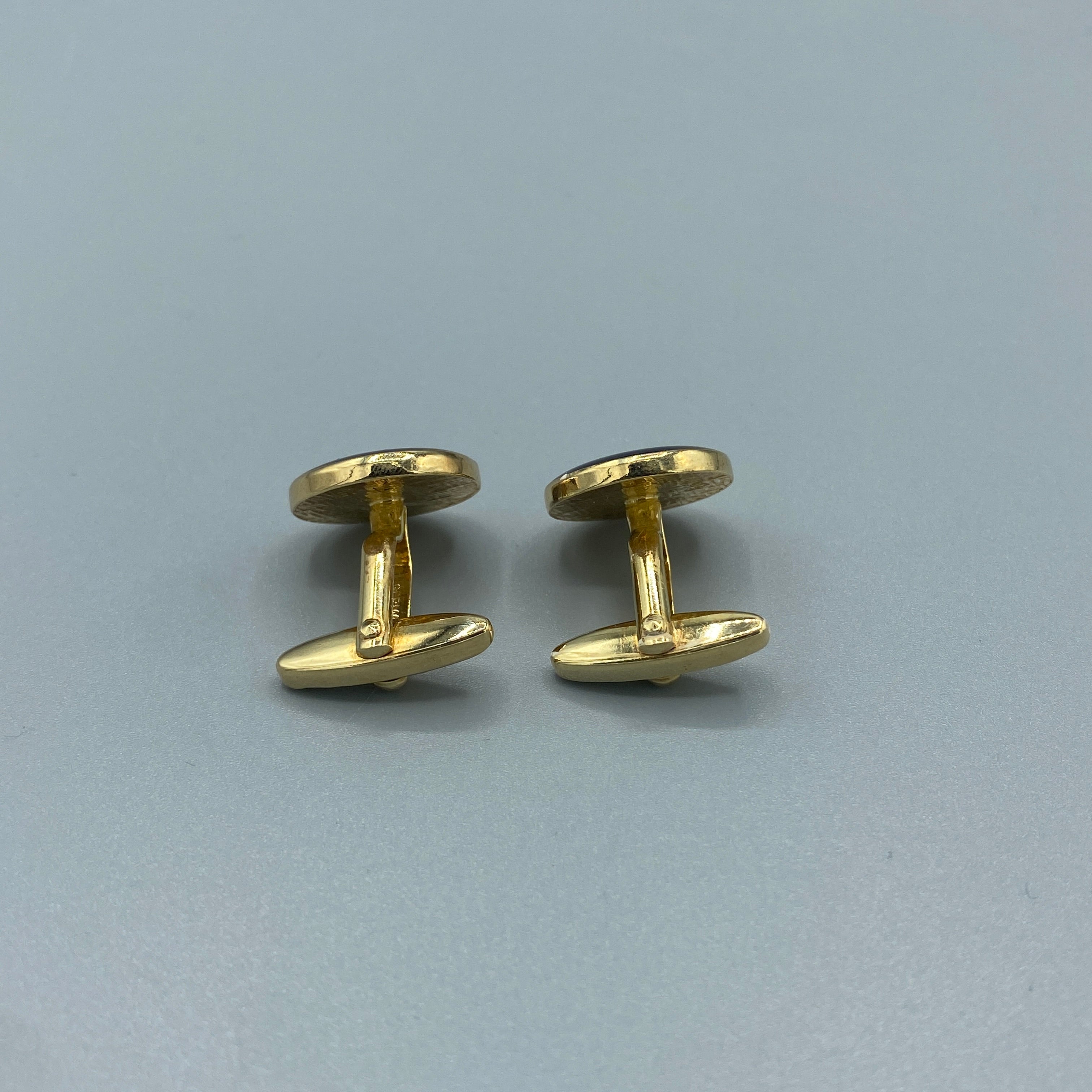 Boutons de manchette dorés ronds émaillés bleus et or