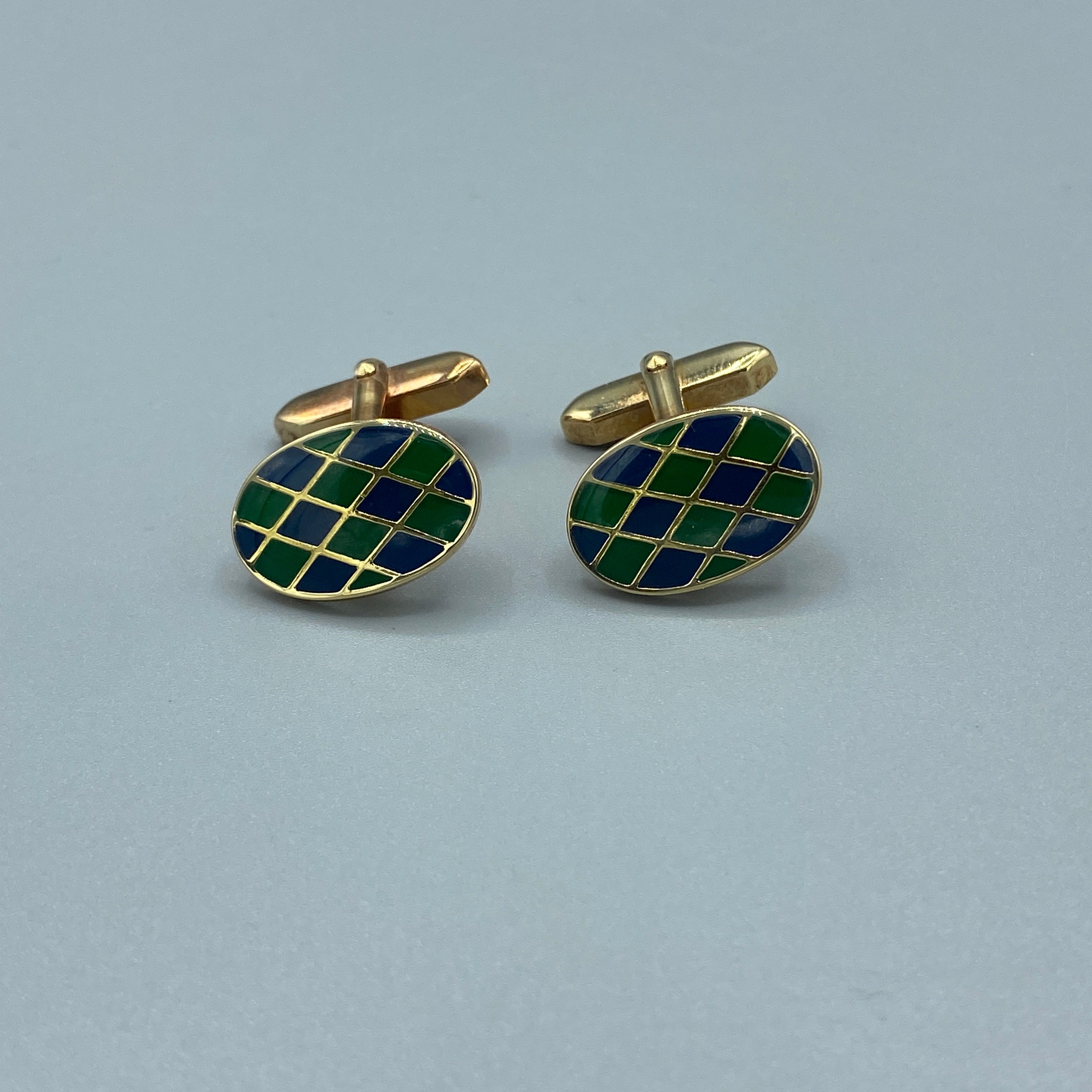 Boutons de manchette dorés ovales émaillés bleus et verts
