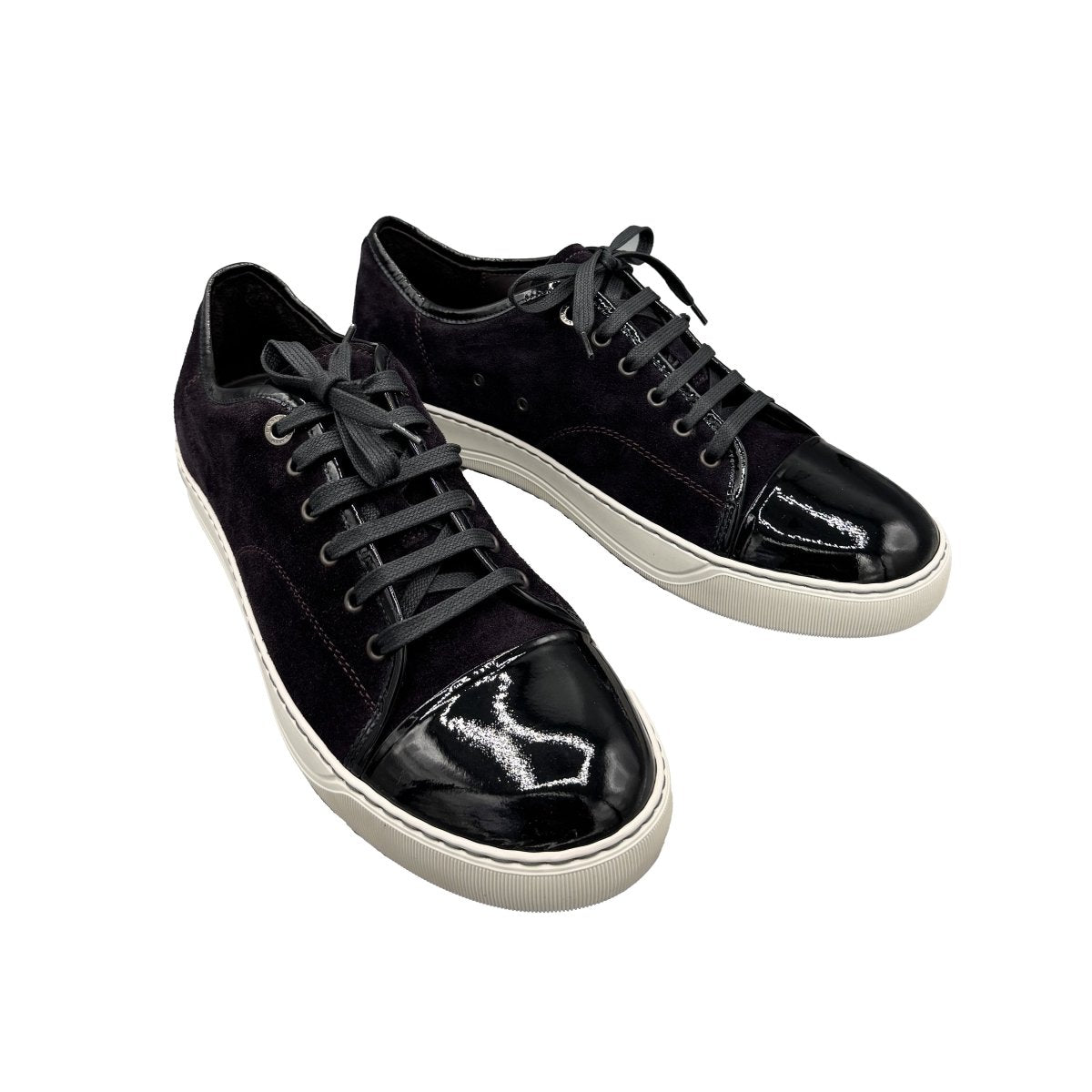Baskets Lanvin en veau velours bleu foncé et cuir verni noir - Le Beau Gustave