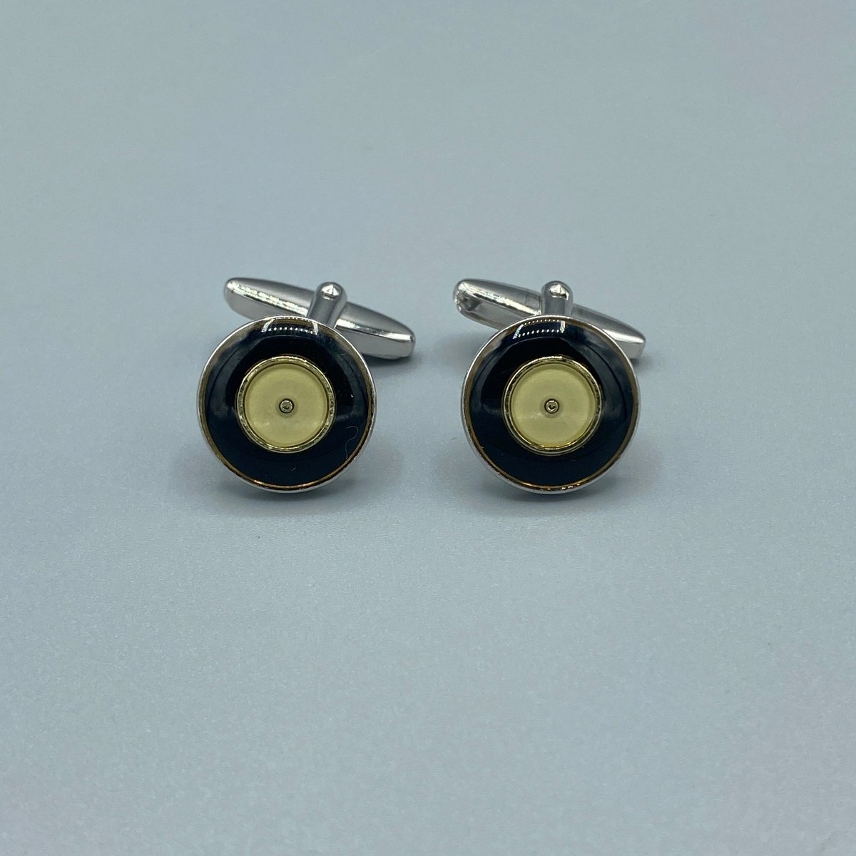 Boutons de manchette argentés ronds noirs et or - Le Beau Gustave