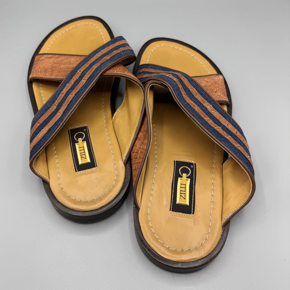Mules Zilli à double lanières croisées marron et denim - Le Beau Gustave