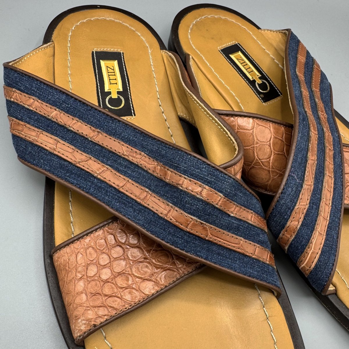 Mules Zilli à double lanières croisées marron et denim - Le Beau Gustave