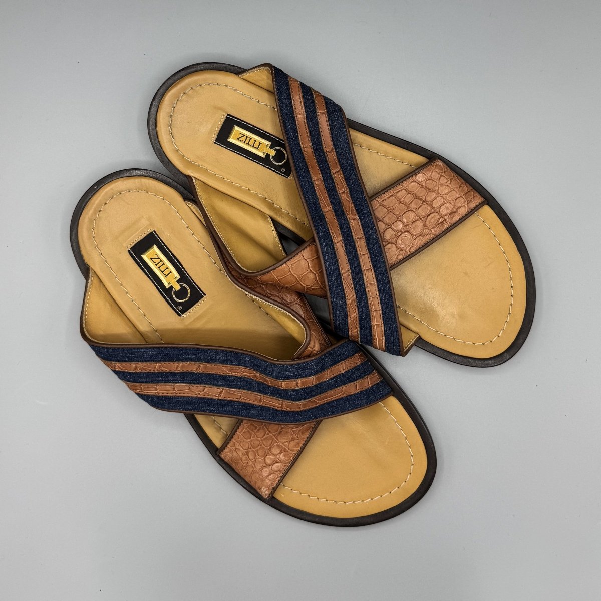 Mules Zilli à double lanières croisées marron et denim - Le Beau Gustave