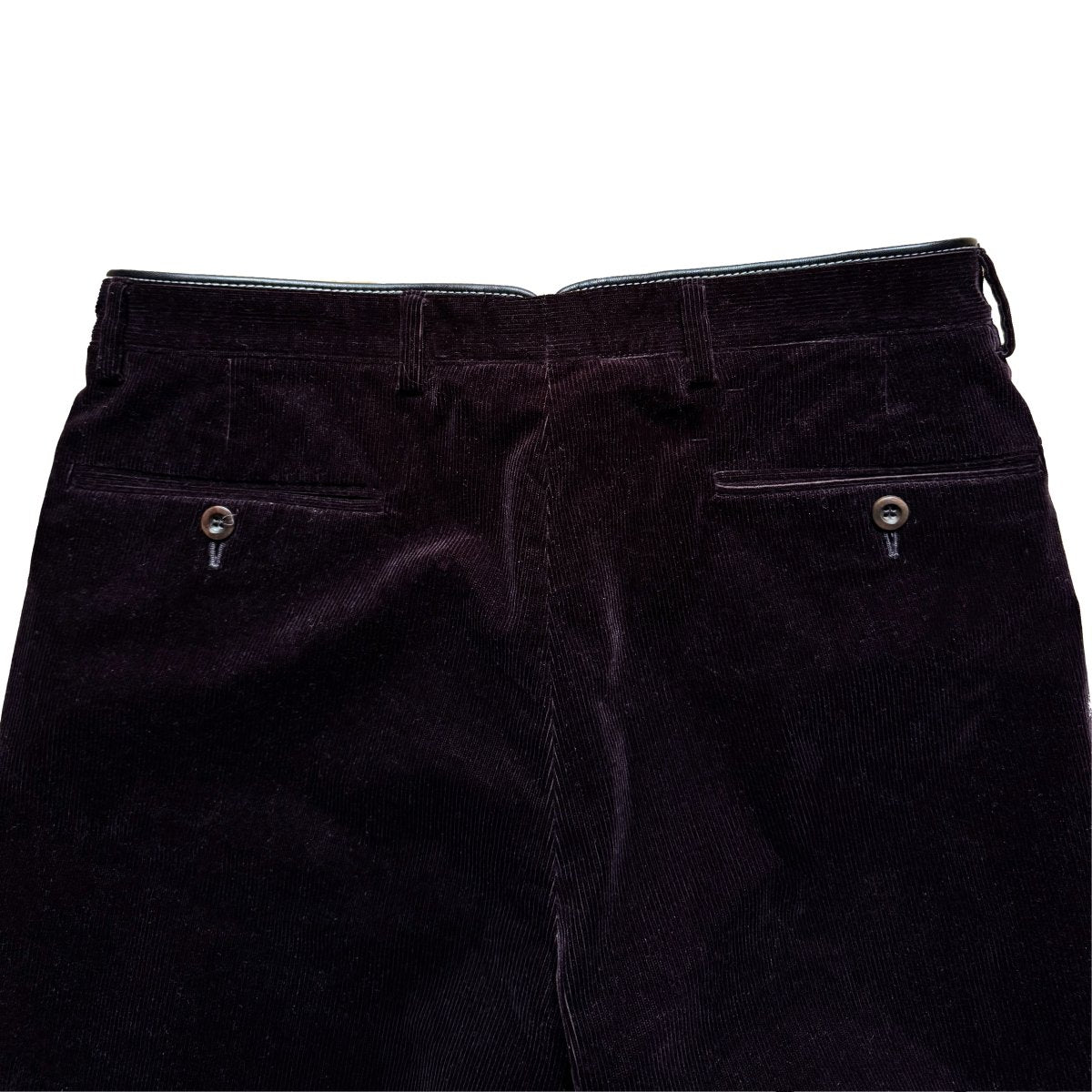Pantalon Hermès en velours côtelé aubergine et finitions cuir - Le Beau Gustave